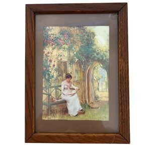 VTG Victorian Woman Reading in Garden Framed Art Print Wood Frame 5x7 Cottage